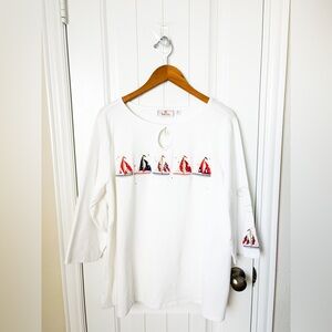 Quaker Factory Embellished Top Sail Boats Nautical Beaded Size 1X NEW